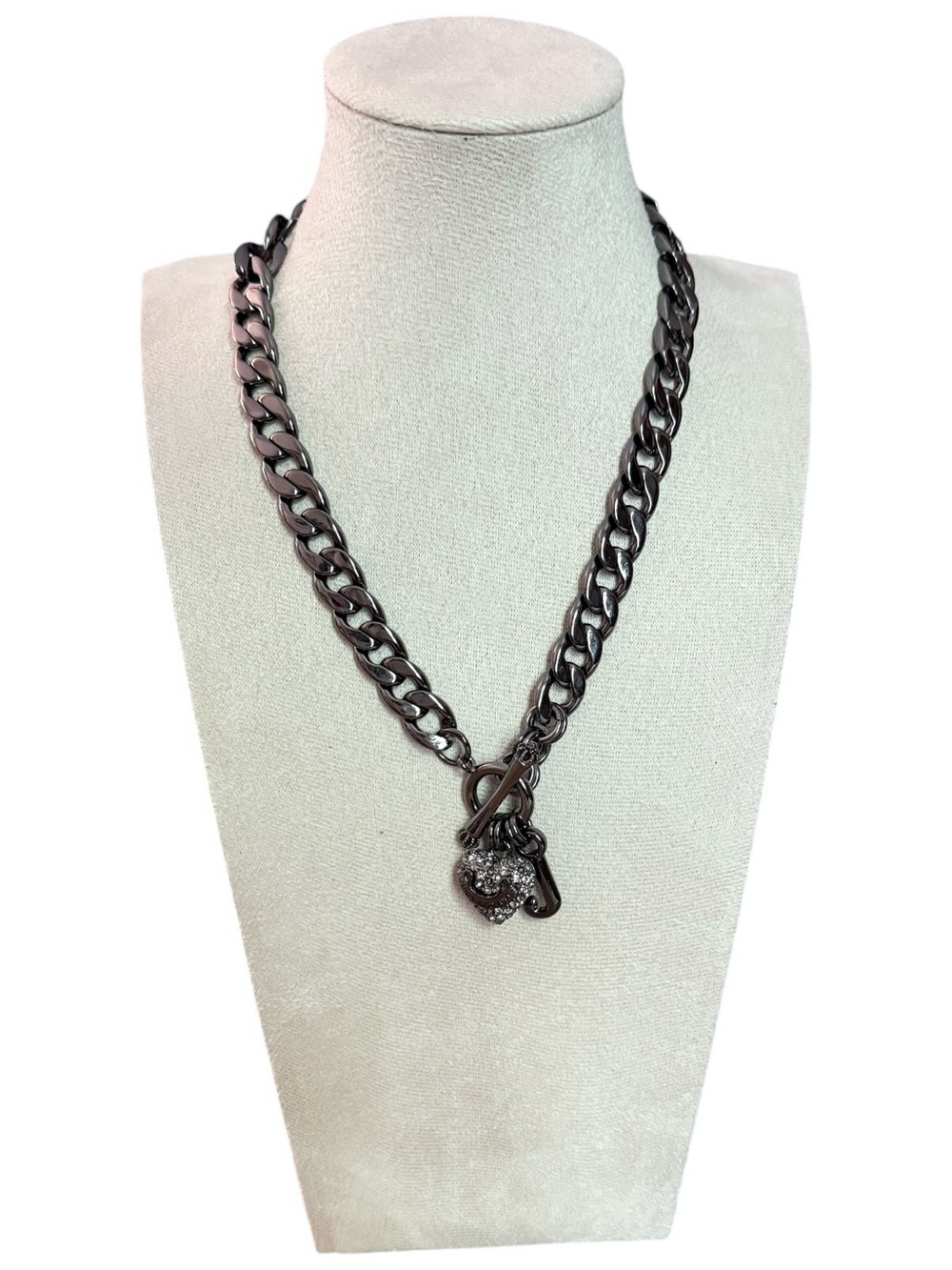 Juicy Couture Gunmetal Chunky Chain Necklace with Pave Heart Charm